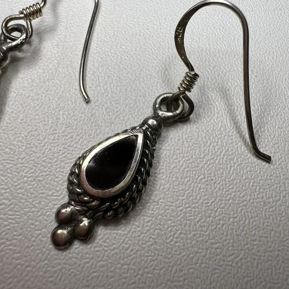 Vintage‎ Black Onyx Charles Winston Sterling Silver Teardrop Rope Earrings